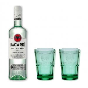 Bacardi weiss 37,5% 0,7l mit 2 Bacardi Bechern grün