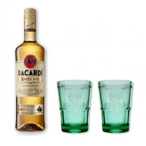 Bacardi gold 37,5% 0,7l mit 2 Bacardi Bechern grün